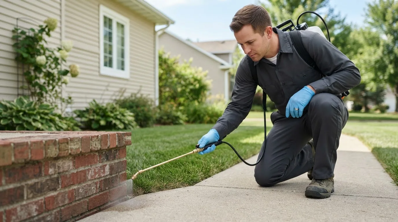 Pest control technician treating a home near Vadito, NM